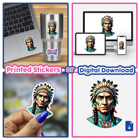 Collage featuring A Native American Warrior Chief as vibrant stickers and digital downloads, showcasing detailed headdress designs on various surfaces like laptops and cups.
