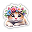 Sweet Cat Wearing a Vibrant Flower Crown: A sticker or digital artwork depicting a cat adorned with a colorful floral crown, showcasing its expressive eyes and charming feline features. Perfect for cat enthusiasts.