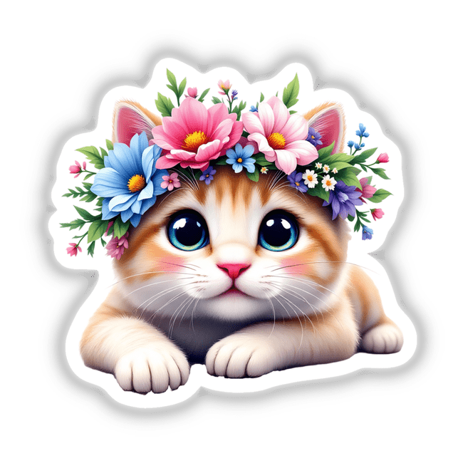 Sweet Cat Wearing a Vibrant Flower Crown: A sticker or digital artwork depicting a cat adorned with a colorful floral crown, showcasing its expressive eyes and charming feline features. Perfect for cat enthusiasts.