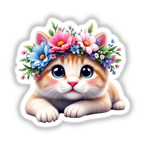 Sweet Cat Wearing a Vibrant Flower Crown: A sticker or digital artwork depicting a cat adorned with a colorful floral crown, showcasing its expressive eyes and charming feline features. Perfect for cat enthusiasts.