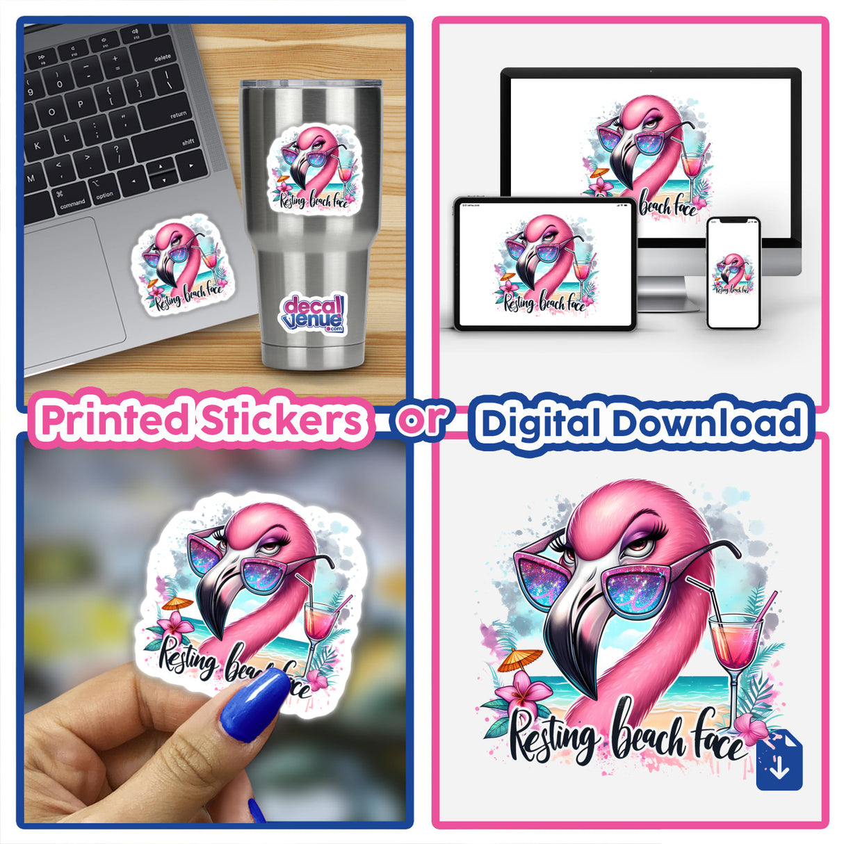 Vibrant flamingo digital artwork with the text "Resting Beach Face" showcased on various products including a laptop, phone, stickers, and a tumbler. The flamingo is wearing sunglasses and appears to be relaxing, reflecting the "Resting Beach Face" theme.