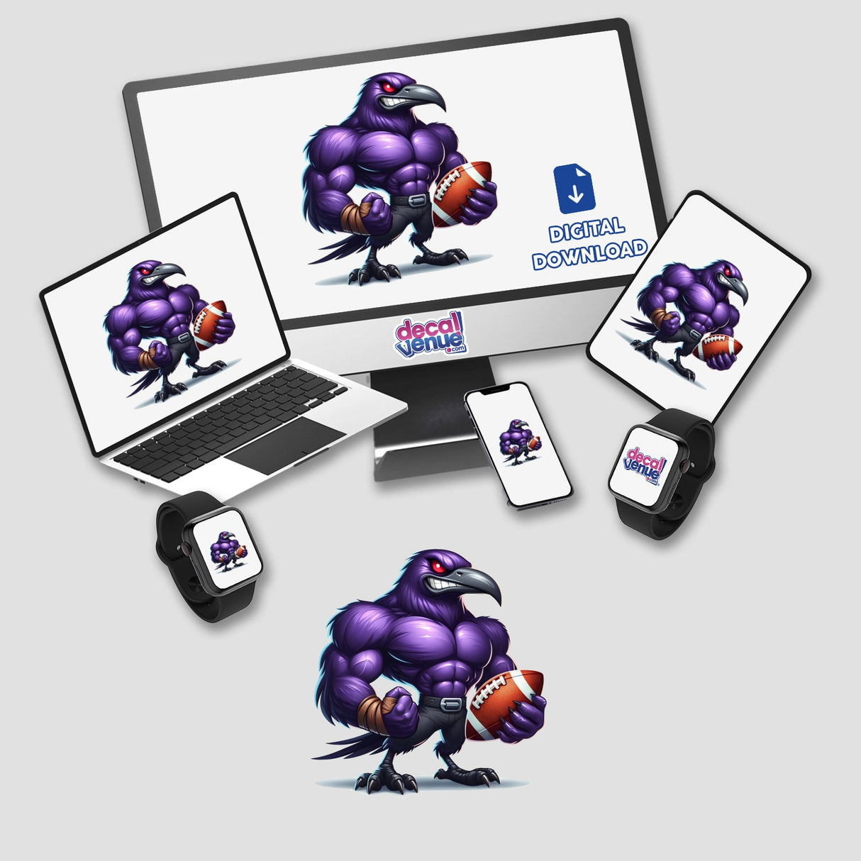 Mean Purple Raven Football Bird displayed on a laptop and monitor, showcasing a cartoon raven holding a football. Available as stickers or digital artwork.