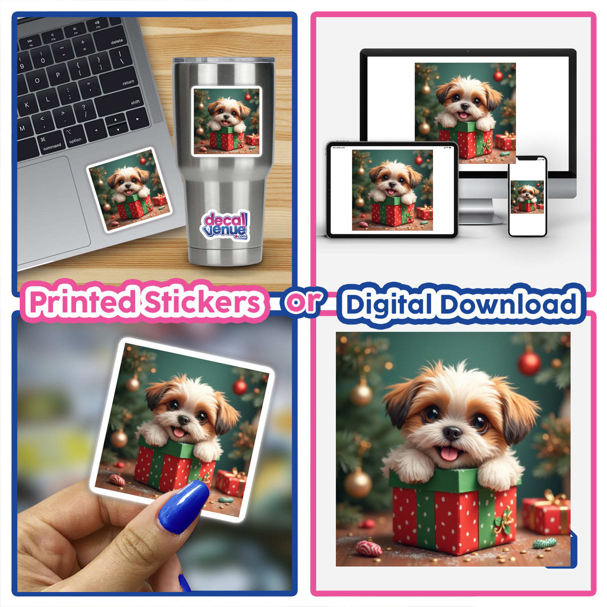 Christmas Shih Tzu Sticker & Clipart featuring a playful Shih Tzu dog with its tongue out, perfect for adding charm to laptops or digital art projects. Available with commercial rights.