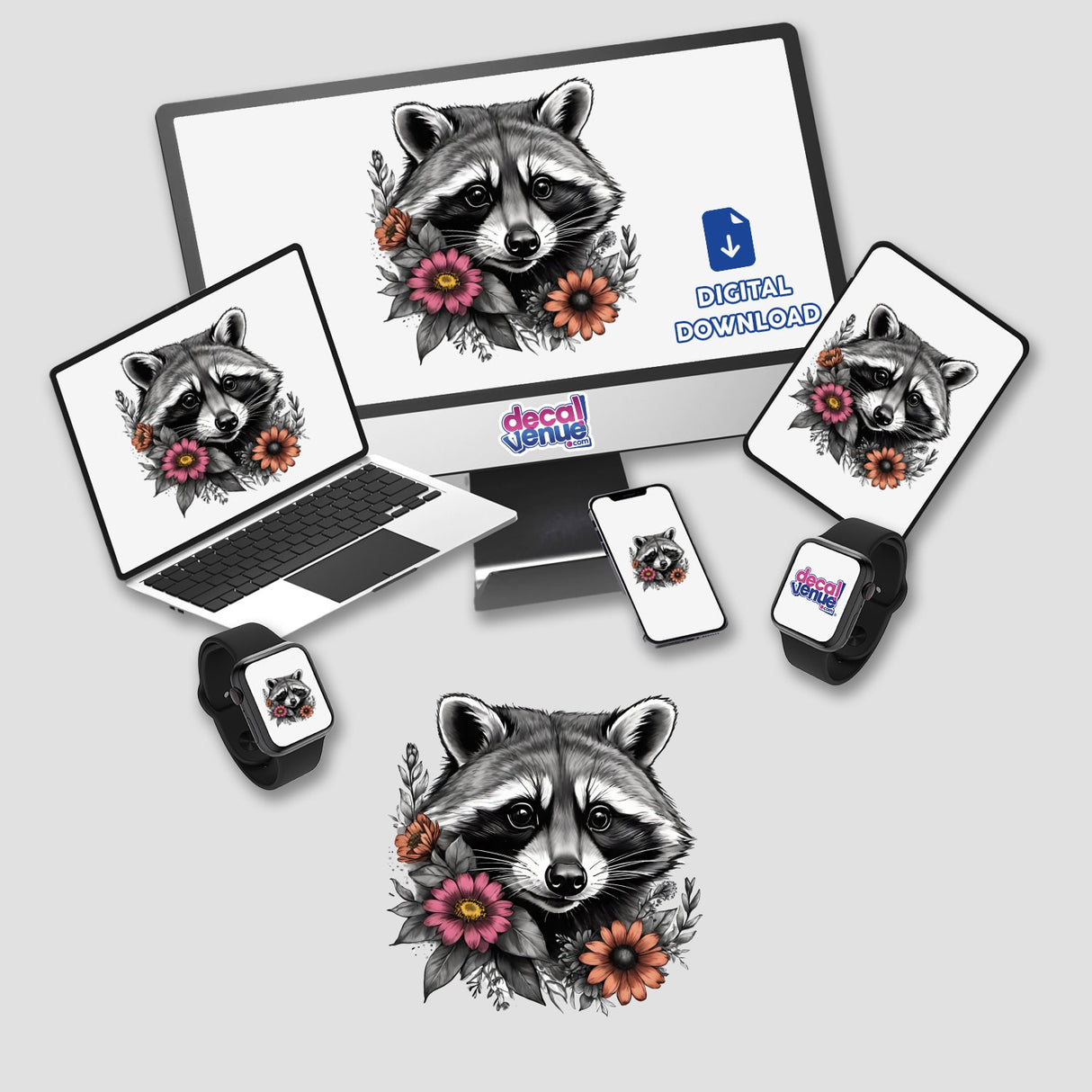 Raccoon Portrait Floral Accents PA66