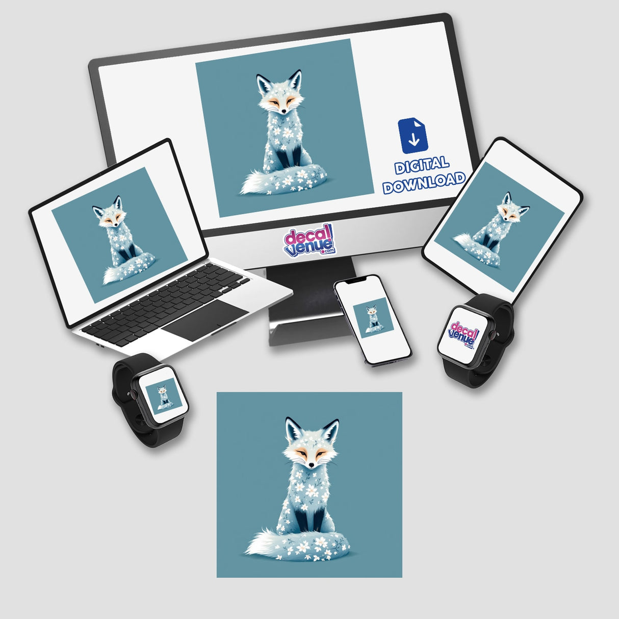 Chinoiserie Fox displayed on a laptop screen, with intricate floral patterns, available as stickers or digital artwork.