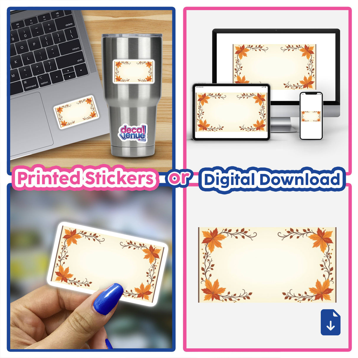 Collage featuring 16x9 Fall Aesthetic Label Clipart with blank space for typography, suitable for commercial use. Includes stickers, a person's hand, and digital artwork on a laptop and computer.