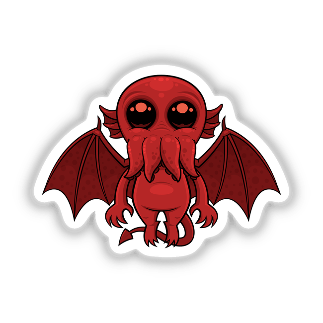 Adorable Red Cthulhu Sea Monster cartoon with wings and a mustache, available as a sticker or digital artwork from Decal Venue, featuring unique vinyl designs.