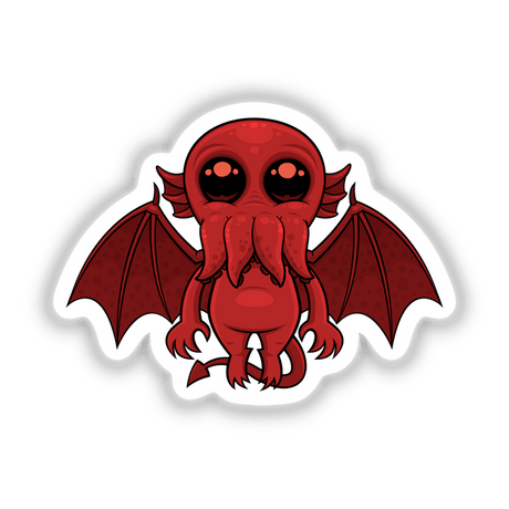 Adorable Red Cthulhu Sea Monster cartoon with wings and a mustache, available as a sticker or digital artwork from Decal Venue, featuring unique vinyl designs.