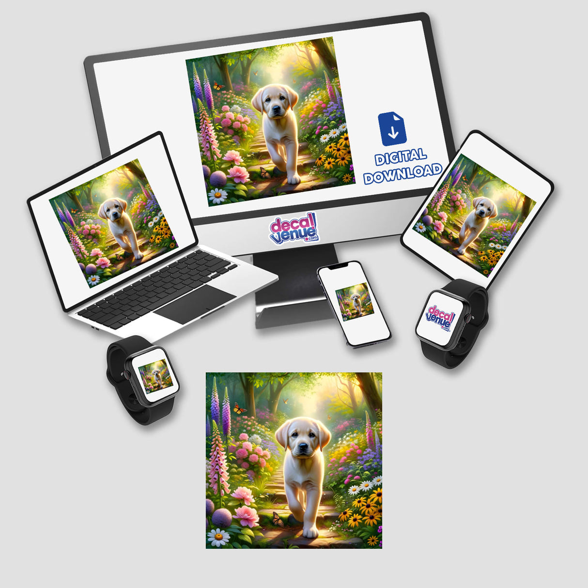 Labrador Retriever in an Enchanted Woodland Path Watercolor Illustration featured on a laptop screen, offered as unique stickers or digital artwork by Decal Venue.