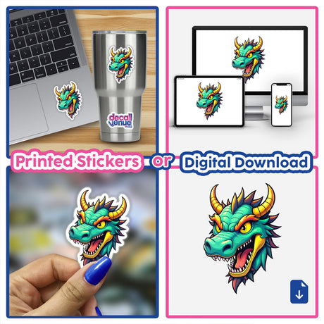 Collage featuring A Cool Fantasy Dragon sticker depicted on various surfaces like a laptop, cup, and phone, highlighting its versatility as both a sticker and digital artwork.