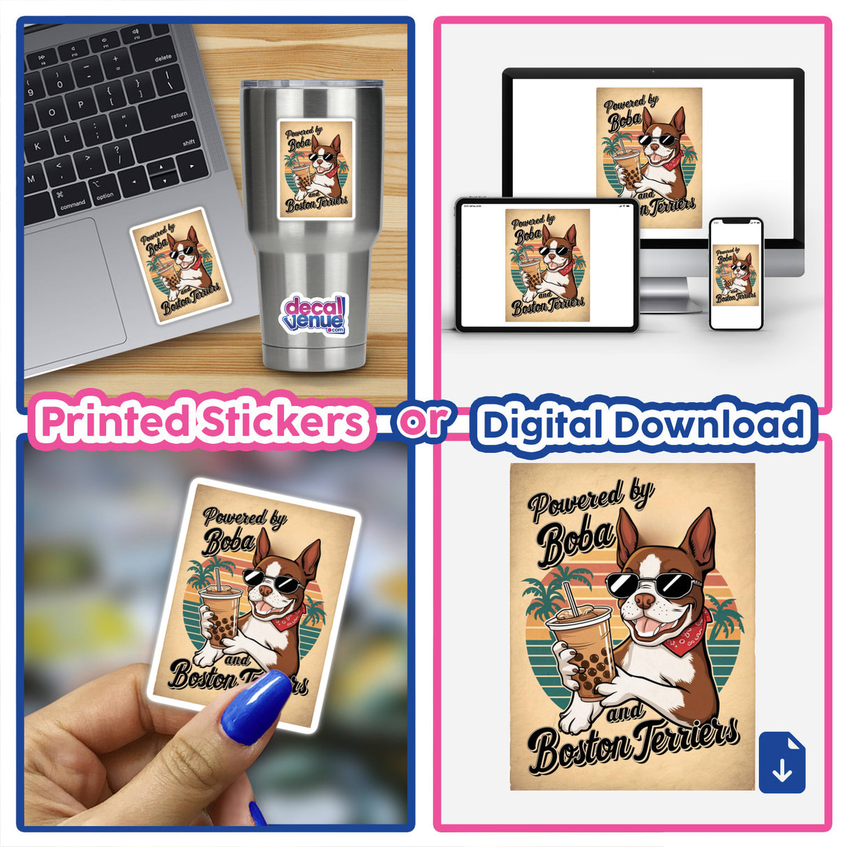 Collage featuring Cute Boston Terrier Bubble Tea Retro Sunset Cartoon stickers and digital artwork on laptops, cards, and posters, showcasing a dog with sunglasses and bubble tea.