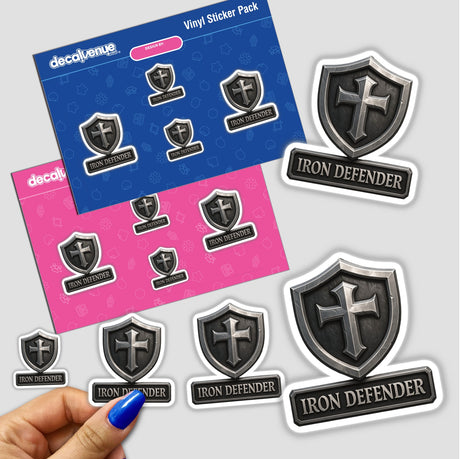 Iron Defender – RPG-Style Skill Badge features a detailed Silver Knight Shield design, available as both stickers and digital artwork, embodying the unique style of Decal Venue's collection.