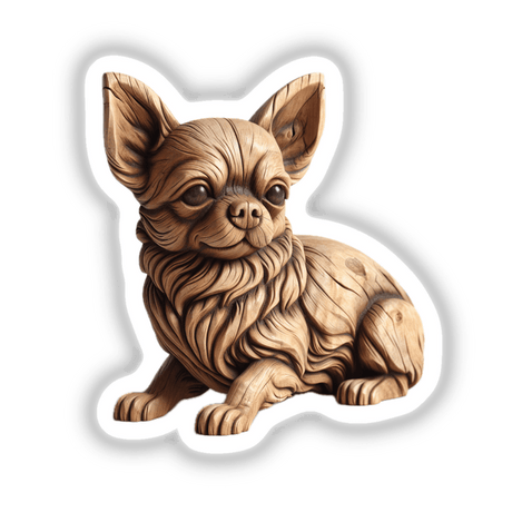 Carved Wood Chihuahua: Intricate wood carving of a Chihuahua, available as stickers or digital artwork, showcasing detailed craftsmanship with a focus on the dog's face and expressive features.