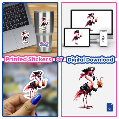 Pirate Flamingo Bird w/ Drink sticker featuring a cartoon flamingo in pirate attire, holding a drink.