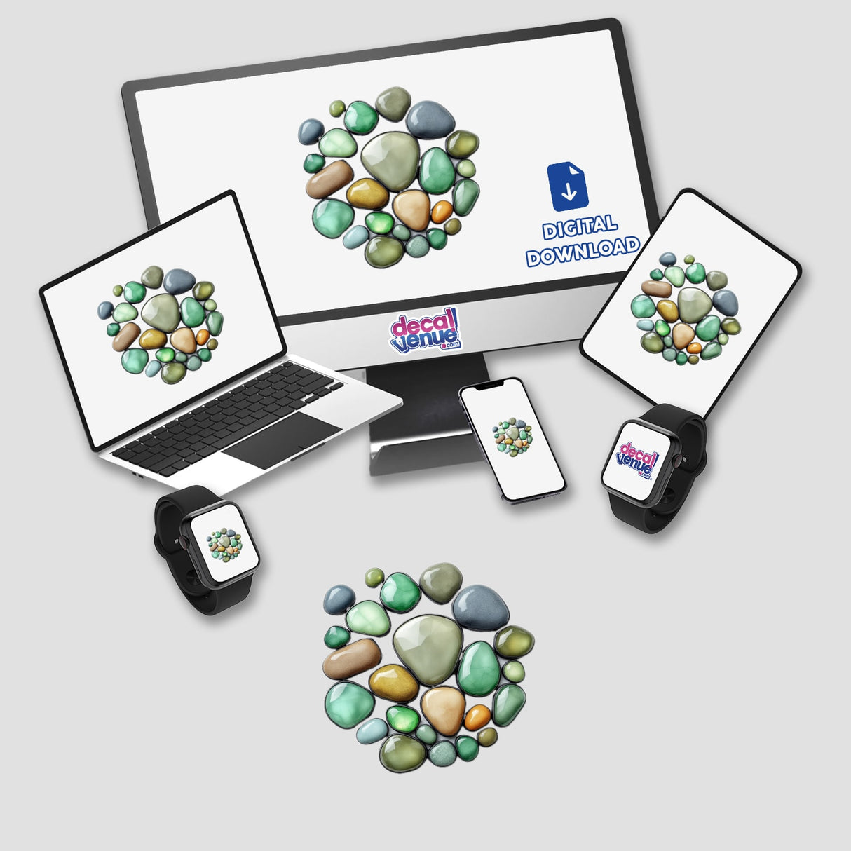 River Stones Stained Glass Style design displayed on various devices, showcasing its versatility as stickers or digital artwork.