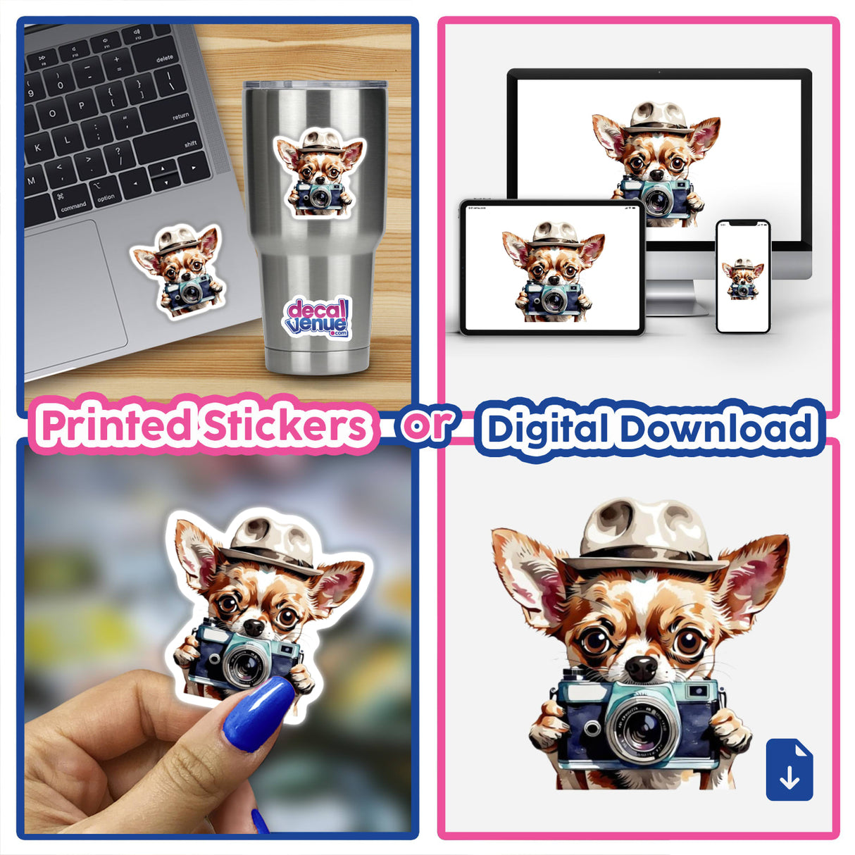 Chihuahua Clipart with Camera - Stickers or Commercial Use Download: A collage featuring a laptop and a hand holding a sticker depicting a cartoon Chihuahua holding a camera.