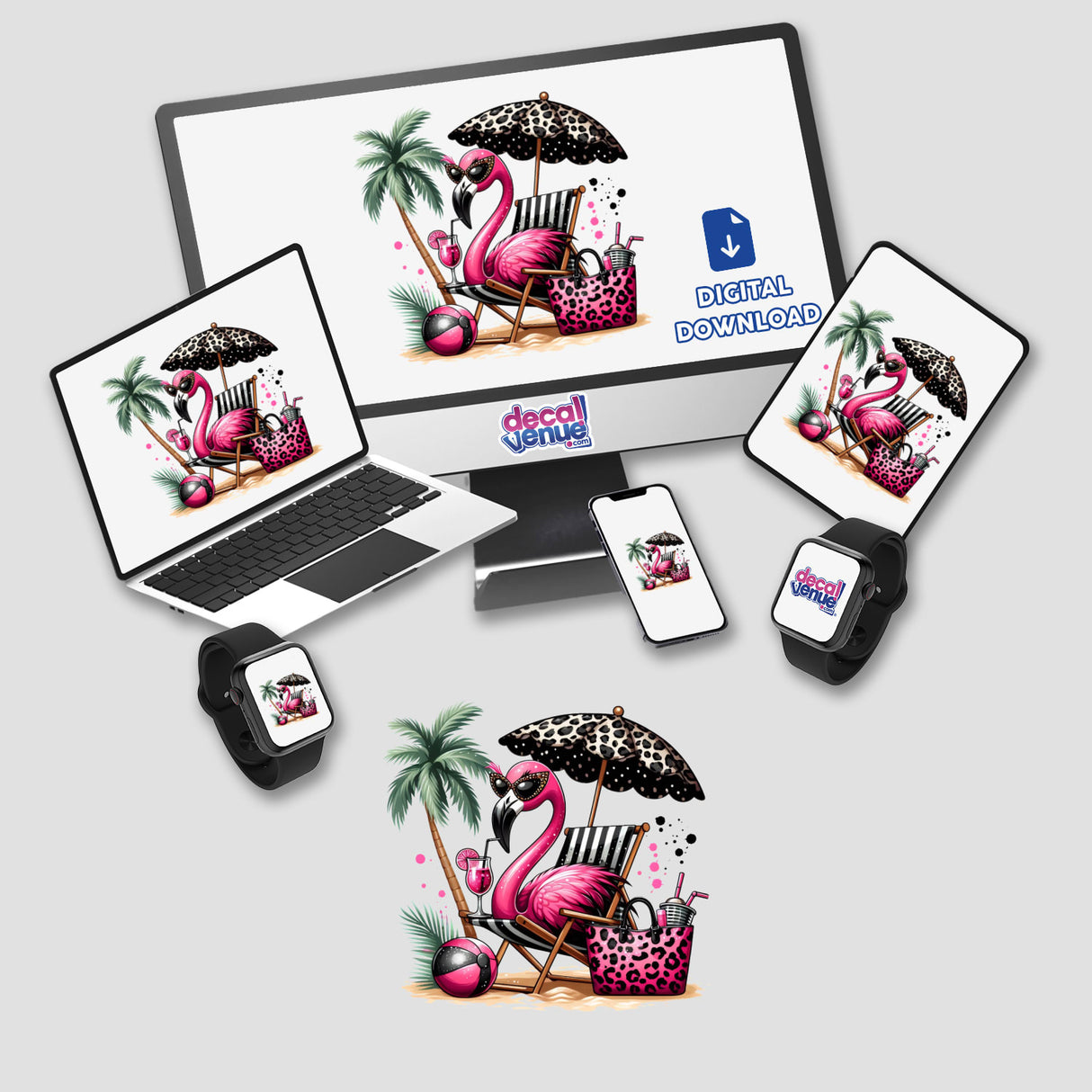Sassy Flamingo Sitting Under Leopard Beach Umbrella displayed on a computer monitor and laptop, depicted as stickers or digital artwork, capturing a playful, vibrant design characteristic of Decal Venue's unique offerings.