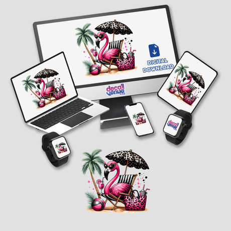 Sassy Flamingo Sitting Under Leopard Beach Umbrella displayed on a computer monitor and laptop, depicted as stickers or digital artwork, capturing a playful, vibrant design characteristic of Decal Venue's unique offerings.