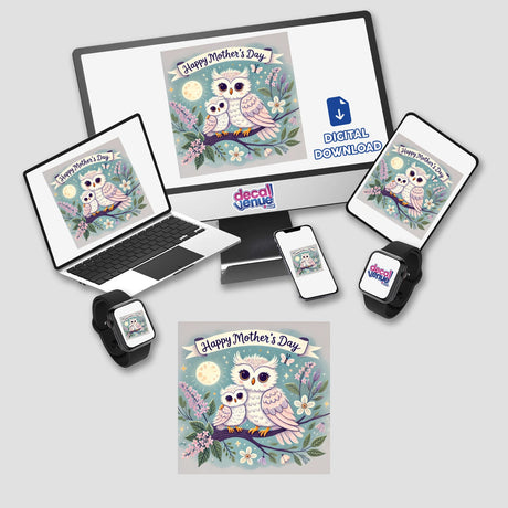 Happy Mother's Day Owl Illustration on a Branch displayed on electronic devices, showcasing stickers or digital artwork options. Features owls on a branch, embodying Decal Venue's unique vinyl and digital art offerings.
