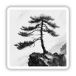 Sumi-e Pine Tree on Cliffside Minimal Japanese Landscape Art, available as stickers or digital artwork, depicts a serene tree perched on a cliff, embodying simplicity and elegance characteristic of Decal Venue's offerings.