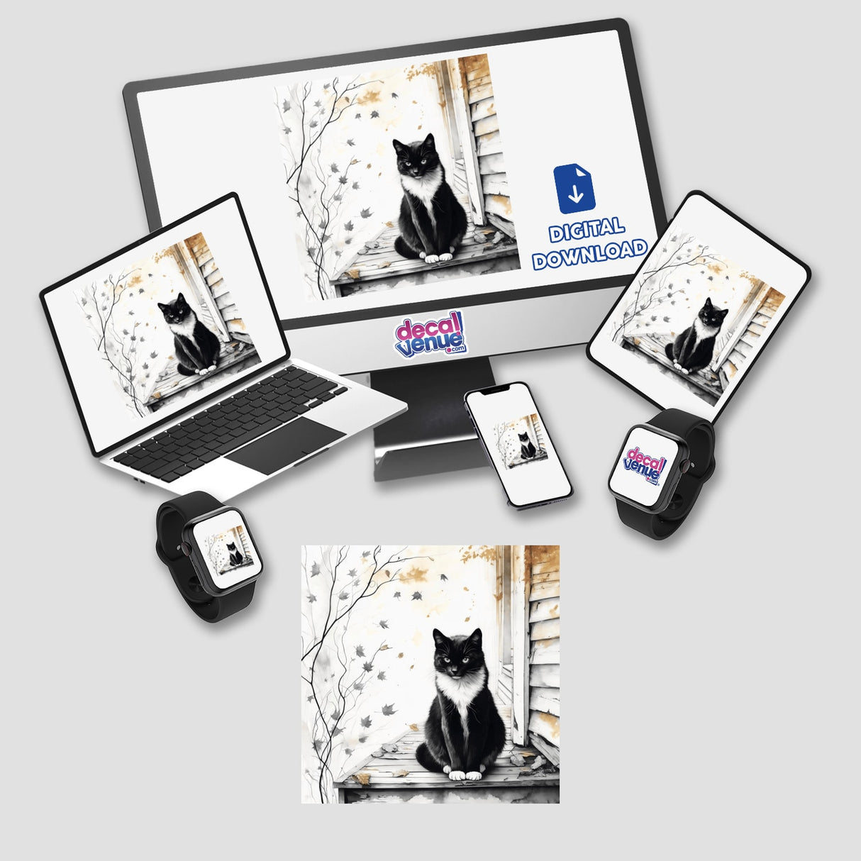 Cat on Autumn Porch Sumi-e Japanese Ink Wash artwork available as stickers or digital art, showcasing a serene cat amidst autumn elements, reflecting Decal Venue's unique vinyl and digital offerings.