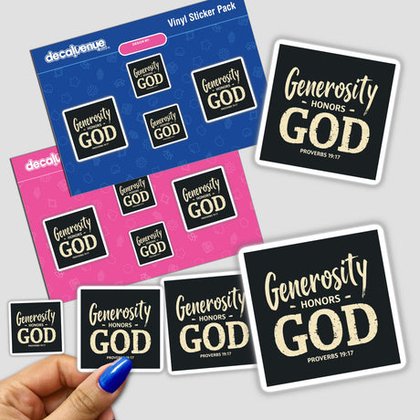 Hand holding a sticker pack titled Generosity Honors God - Proverbs 19:17 - Christian Sticker or Clipart with commercial rights, showcasing black squares with white text emphasizing spiritual themes.