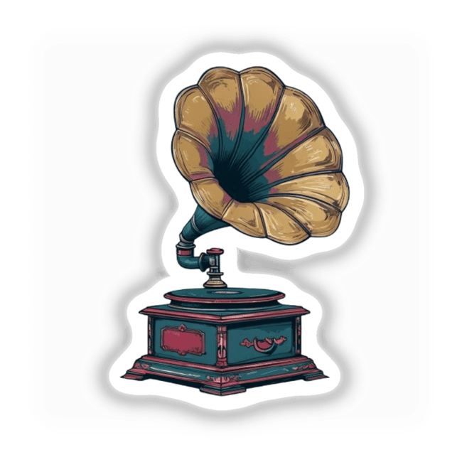 Antique Gramophone | Dark Academia Music Sticker: A detailed drawing of a gramophone, highlighting its intricate horn and base, offered as both stickers and digital artwork for unique expression.