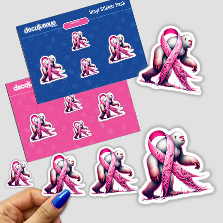 White Sasquatch Pink Ribbon Breast Cancer Awareness stickers feature a cartoon yeti holding a pink ribbon. Available as individual stickers or a sticker pack, perfect for supporting awareness causes.