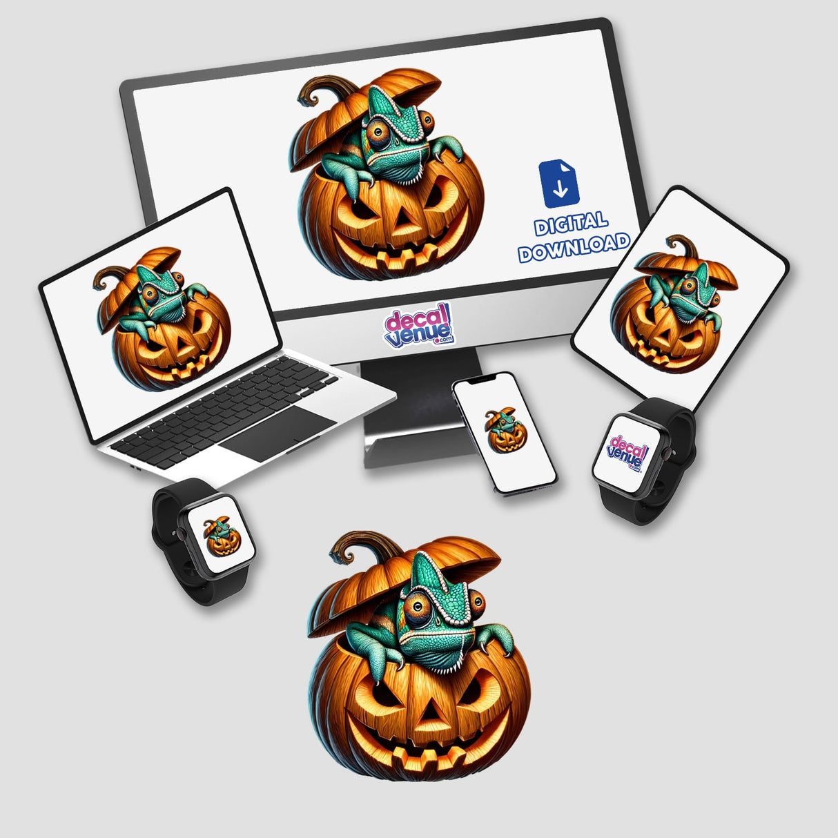 Digital artwork of a chameleon peeking out of a carved pumpkin, featuring a Decal Venue logo and "Digital Download" text. The image is displayed on various digital devices including laptops, smartphones, and smartwatches.