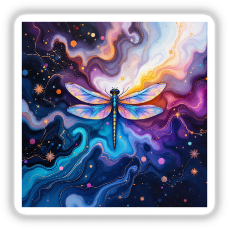 Dragonfly Alcohol Ink Design featuring a dragonfly with intricate, colorful wings in a vibrant modern art style, available as stickers or digital artwork.