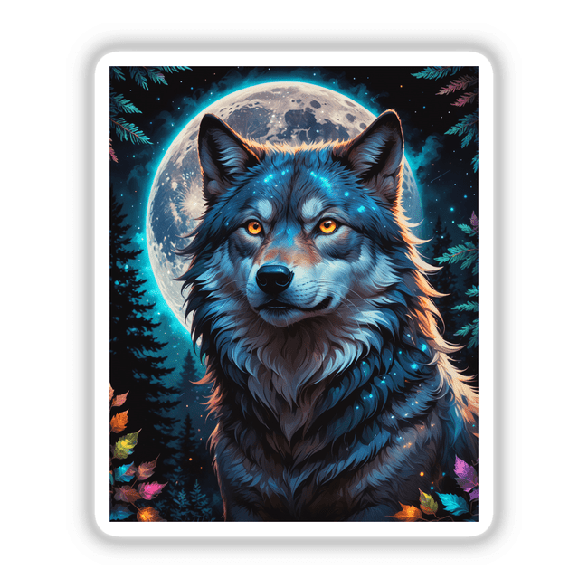 A Wolf In The Night With A Bright Moon depicts a wolf with glowing eyes against a moonlit background, available as stickers or digital artwork from Decal Venue.