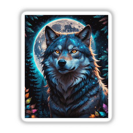 A Wolf In The Night With A Bright Moon depicts a wolf with glowing eyes against a moonlit background, available as stickers or digital artwork from Decal Venue.