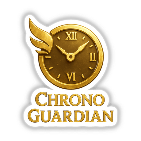 Chrono Guardian – RPG-Style Skill Badge, featuring a gold Timekeeper Shield design, available as a sticker or digital artwork, ideal for collectors or RPG enthusiasts.