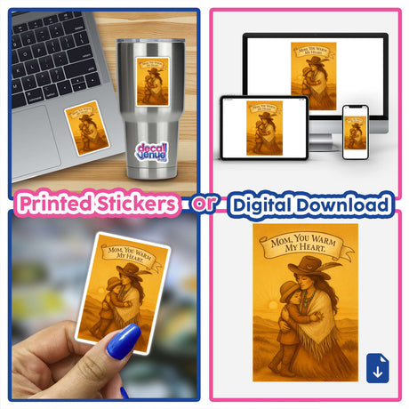 Boho Mystical Western Mother’s Day Sticker and Clipart, featuring a laptop adorned with the Golden Horizon Hug design, available as stickers or digital artwork for commercial use.