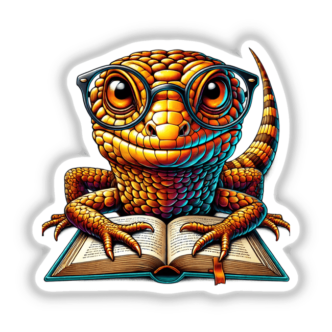 Cartoon skink lizard with reading glasses, engrossed in an open book. Available as stickers or digital artwork from Decal Venue's unique vinyl collection.