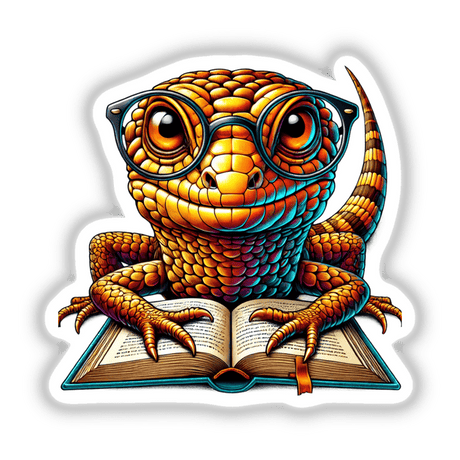 Cartoon skink lizard with reading glasses, engrossed in an open book. Available as stickers or digital artwork from Decal Venue's unique vinyl collection.