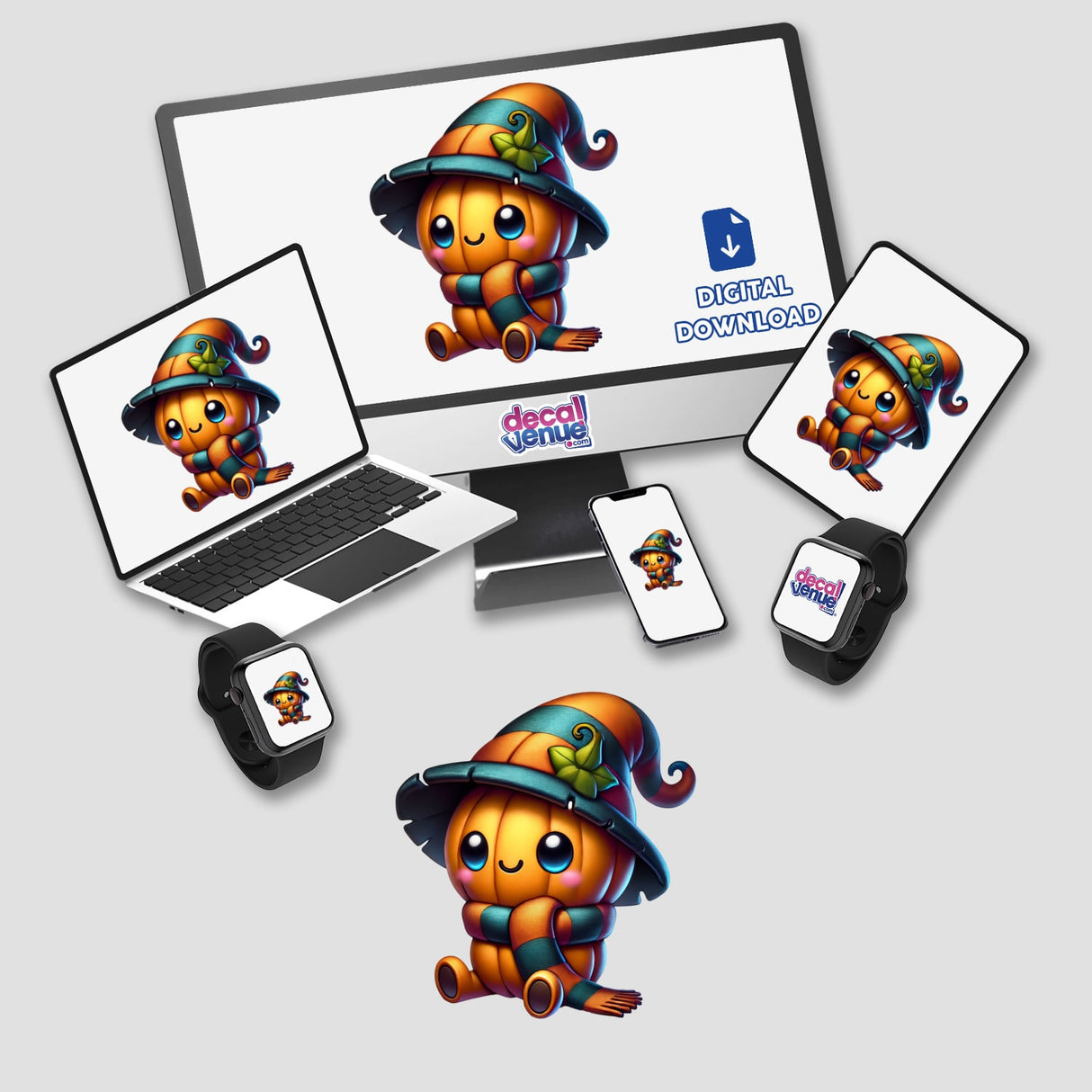 Pumpkin Wearing Scarf and Hat digital artwork displayed on a computer monitor and laptop, ideal for crafts and fall decor. Available as stickers or digital downloads from Decal Venue.