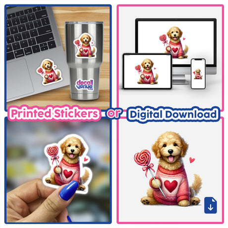 Goldendoodle Valentines Day Dog artwork featuring a Goldendoodle holding a lollipop, available as a sticker or digital art. Ideal for gifting or decor, capturing the breed's charm.