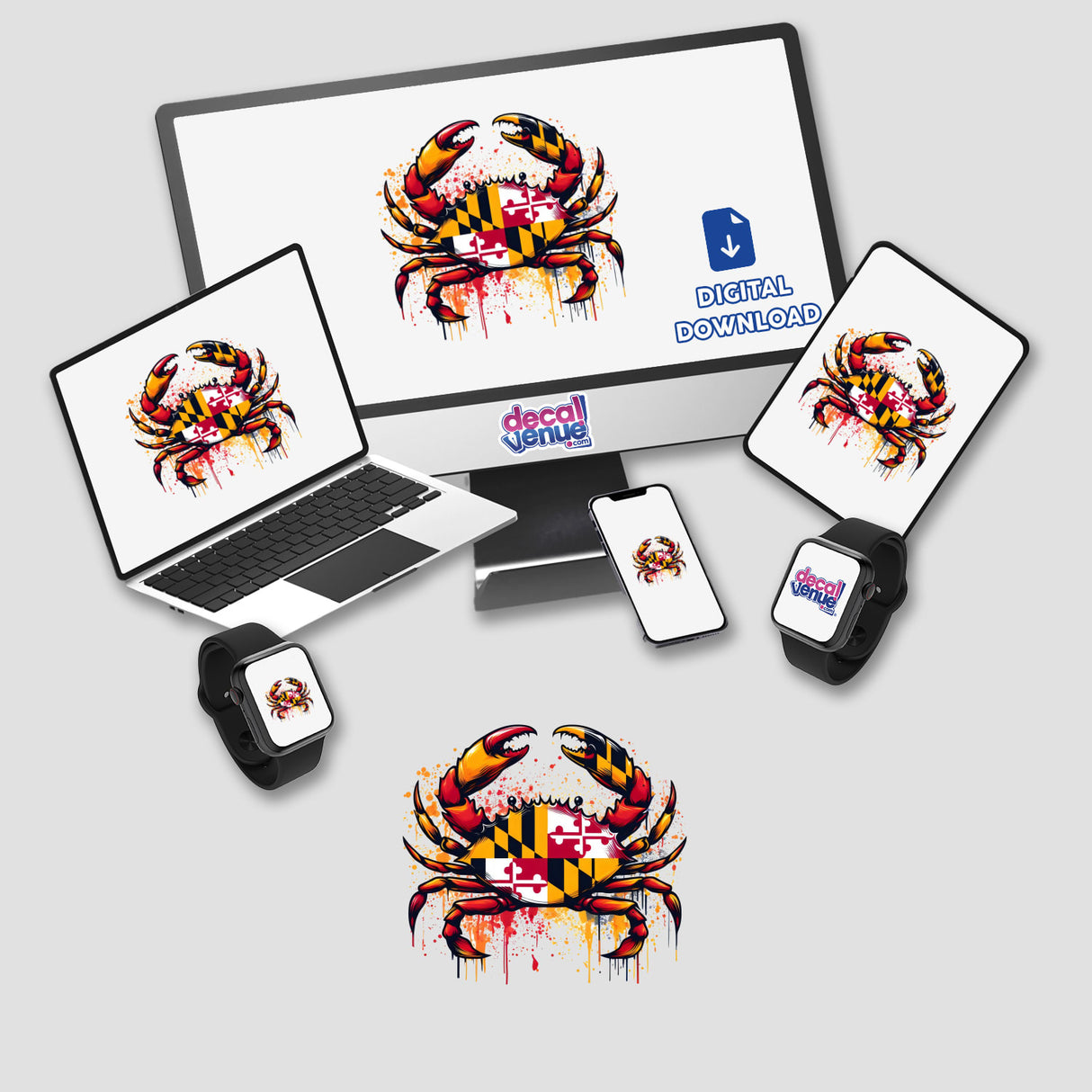 Vivid Maryland flag-inspired digital crab artwork on multiple devices and products displayed in the image from Decal Venue store.