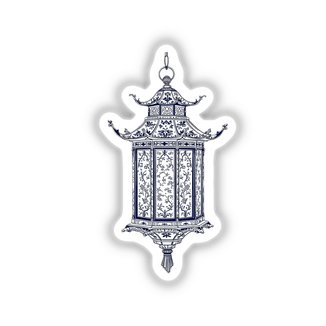 Chinoiserie Pagoda Lantern, featuring intricate blue and white designs, available as stickers or digital artwork, reflects the artistic essence of Decal Venue's unique collection.