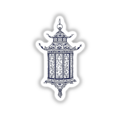 Chinoiserie Pagoda Lantern, featuring intricate blue and white designs, available as stickers or digital artwork, reflects the artistic essence of Decal Venue's unique collection.