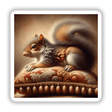 Resting Squirrel on Velvet Cushion: A digital artwork featuring a squirrel lounging on a plush pillow, available as stickers or digital downloads.