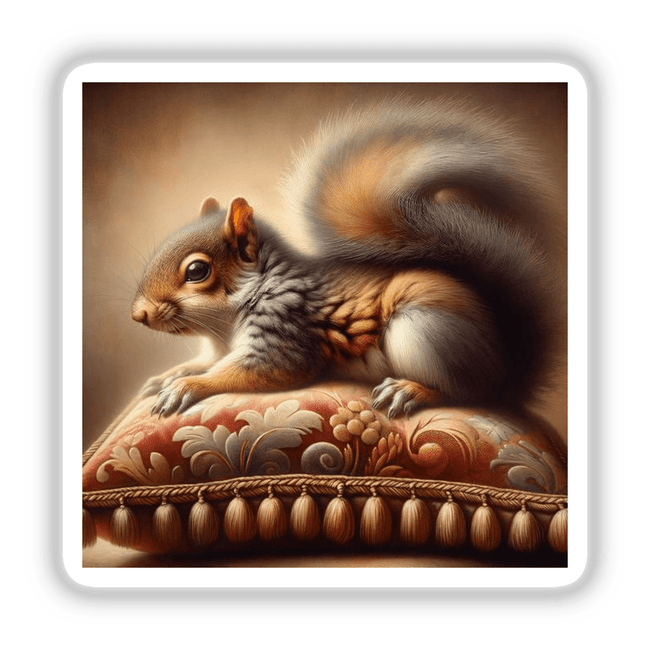 Resting Squirrel on Velvet Cushion: A digital artwork featuring a squirrel lounging on a plush pillow, available as stickers or digital downloads.