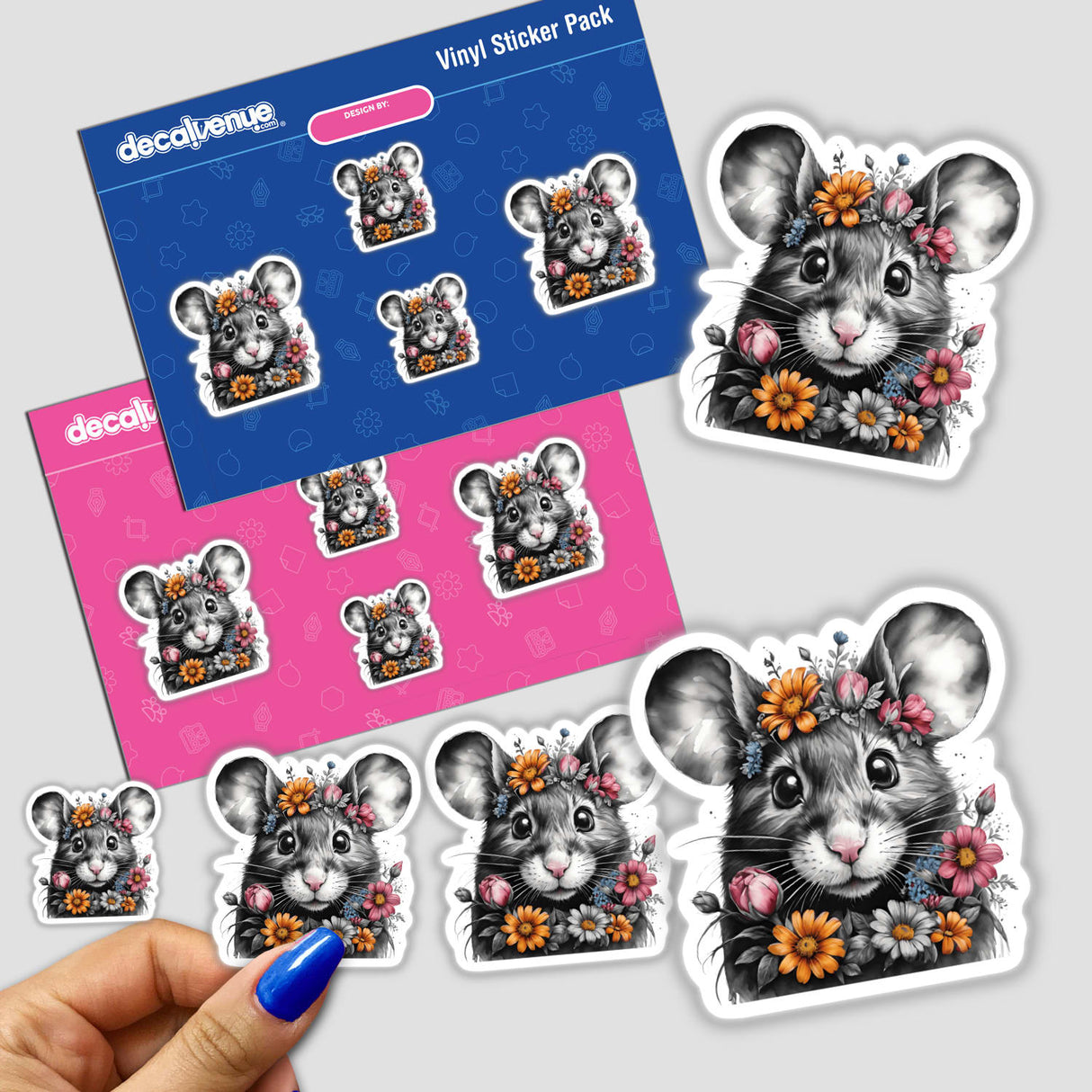 Mouse Portrait with Floral Accents Vinyl Stickers - Vibrant floral decorations adorn the charming mouse portrait in this eye-catching digital artwork, perfect for adding a touch of whimsy to any surface.