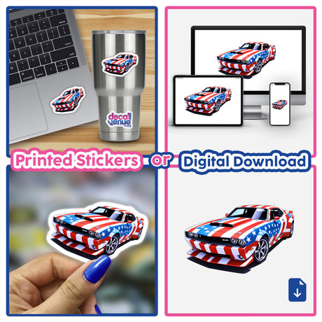 Collage featuring A Cool American Flag Muscle Car sticker designs, showcasing varied applications on laptops, cups, and vehicles, available as unique vinyl stickers or digital artwork from Decal Venue.