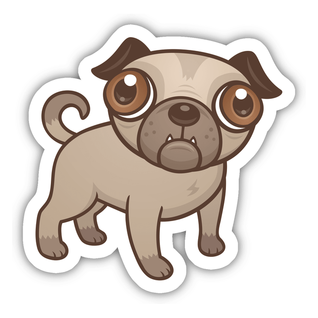 Pug Puppy Cartoon sticker featuring a charming cartoon dog with big eyes, available as part of Decal Venue's unique sticker pack or as single stickers for playful decoration.