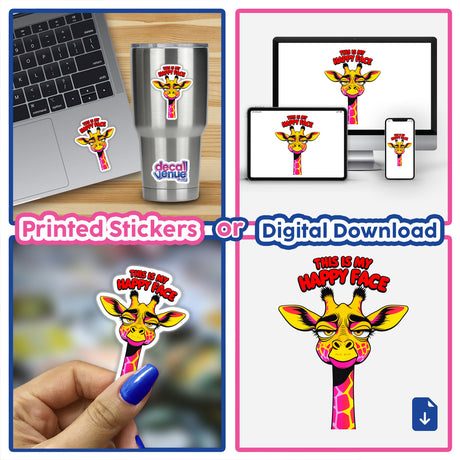 This Is My Happy Face Cute Grumpy Giraffe sticker collage showcases the giraffe with a cartoon face on various surfaces, including a laptop and cup, embodying Decal Venue's unique vinyl sticker collection.