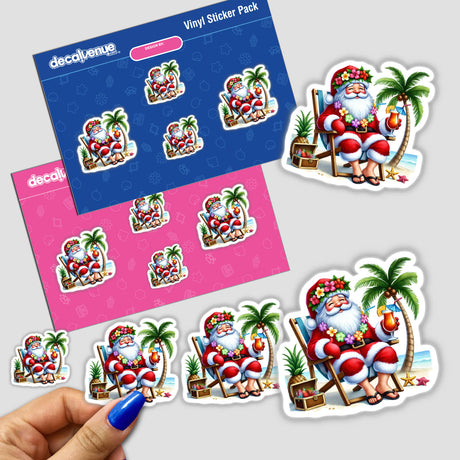 Hula Santa Relaxing at Beach w/ Drink sticker pack, featuring a cartoon Santa sitting in a chair, perfect for unique decoration or digital artwork from Decal Venue.