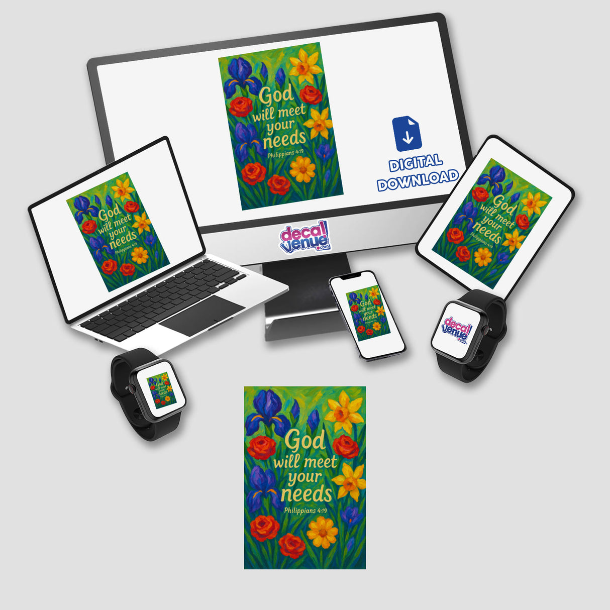 God Will Meet Your Needs Christian Sticker or Clipart, featuring Philippians 4:19 floral art, available as stickers or digital artwork, reflecting Decal Venue's unique vinyl and digital art offerings.