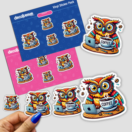 Caffeine Addicted Owl Coffee sticker featuring a cartoon owl with glasses, sitting at a table with a laptop and a cup of coffee. Available as stickers or digital artwork.
